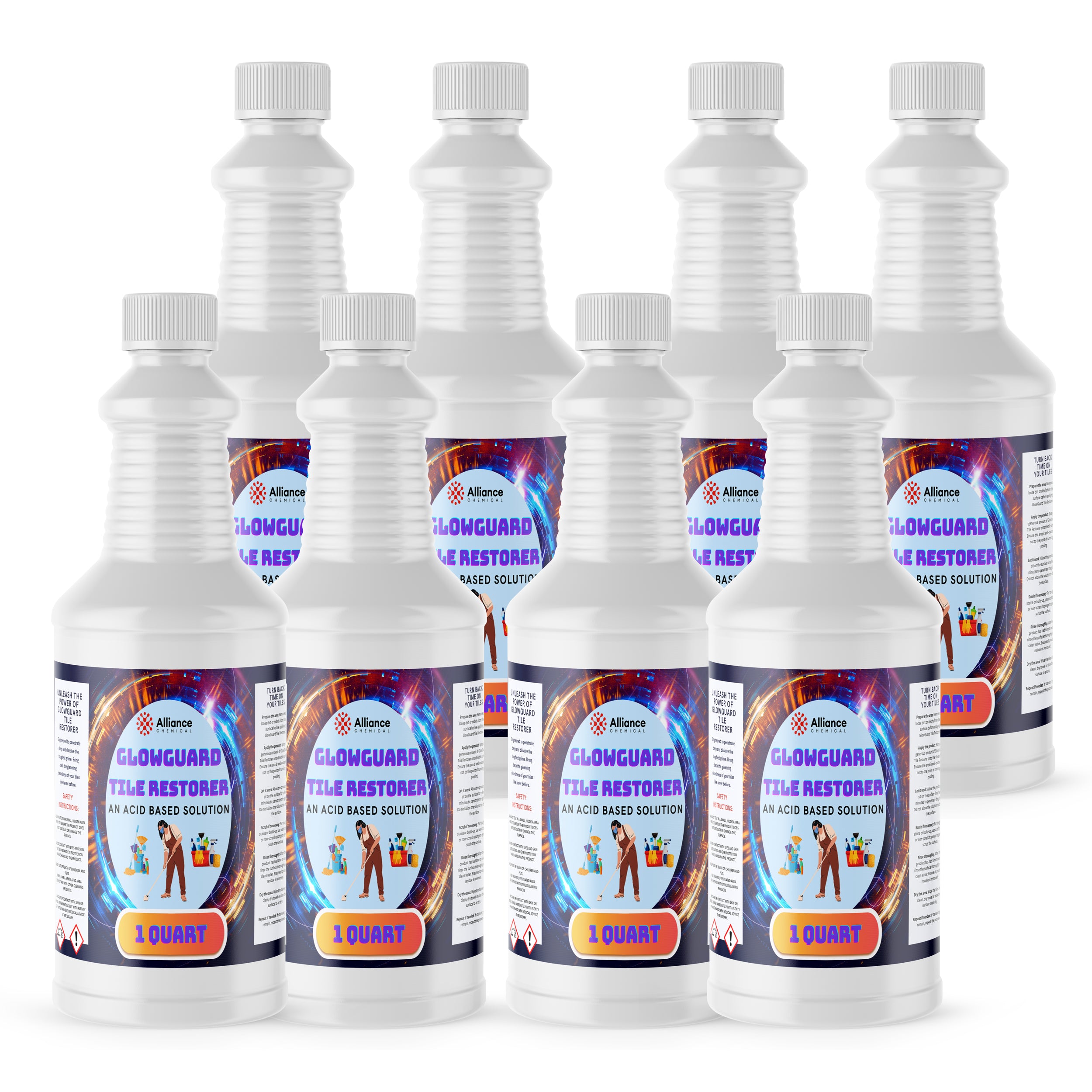 8x1-quart white HDPE bottles of GlowGuard Tile Restorer acid-based solution, featuring purple-blue labels with hazard symbols and cleaning illustration.